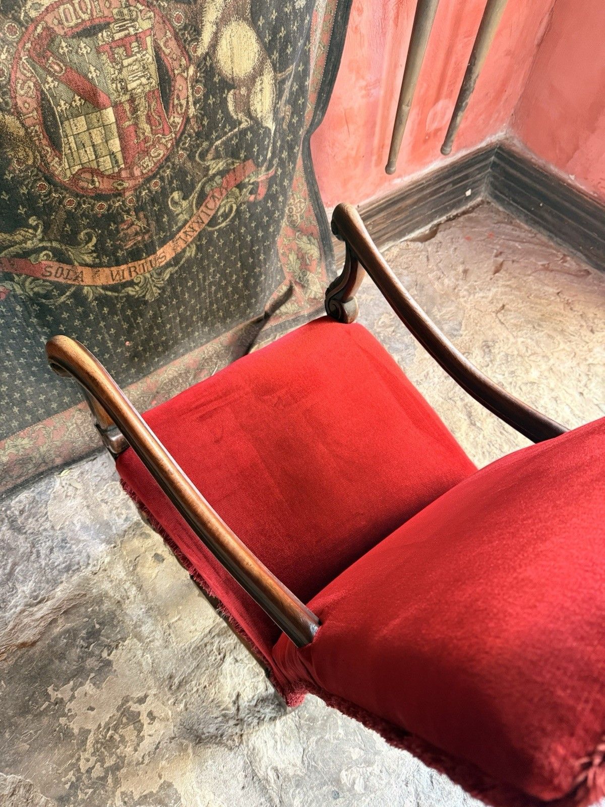 Substancial Heavy Carved Oak Red Antique Throne Arm Chair Stamped Circa 1919 photo vintage