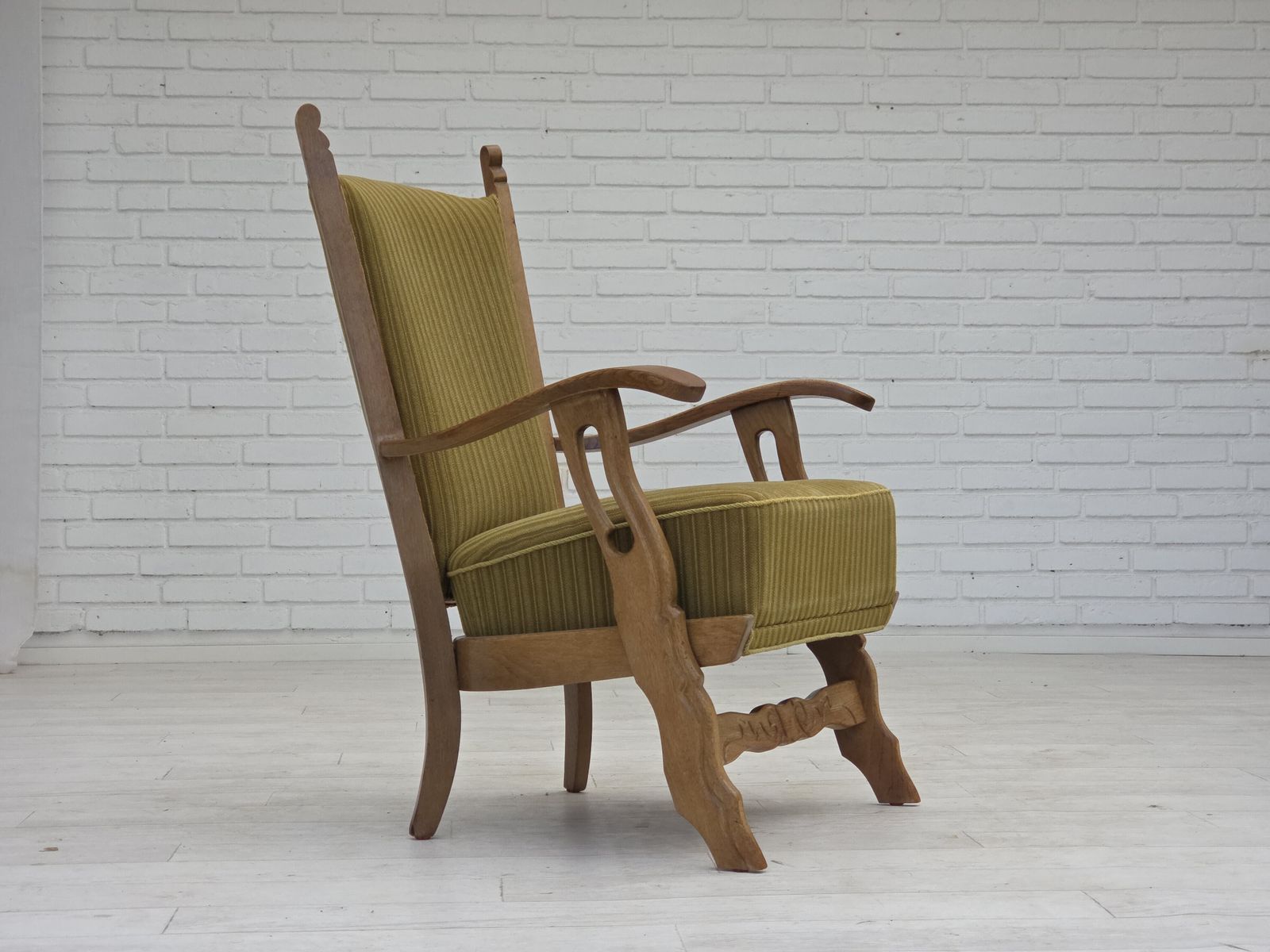 910.0 1970s, Scandinavian Armchair, Cotton/Wool Fabric, Solid Oak Wood, Original Condition. photo