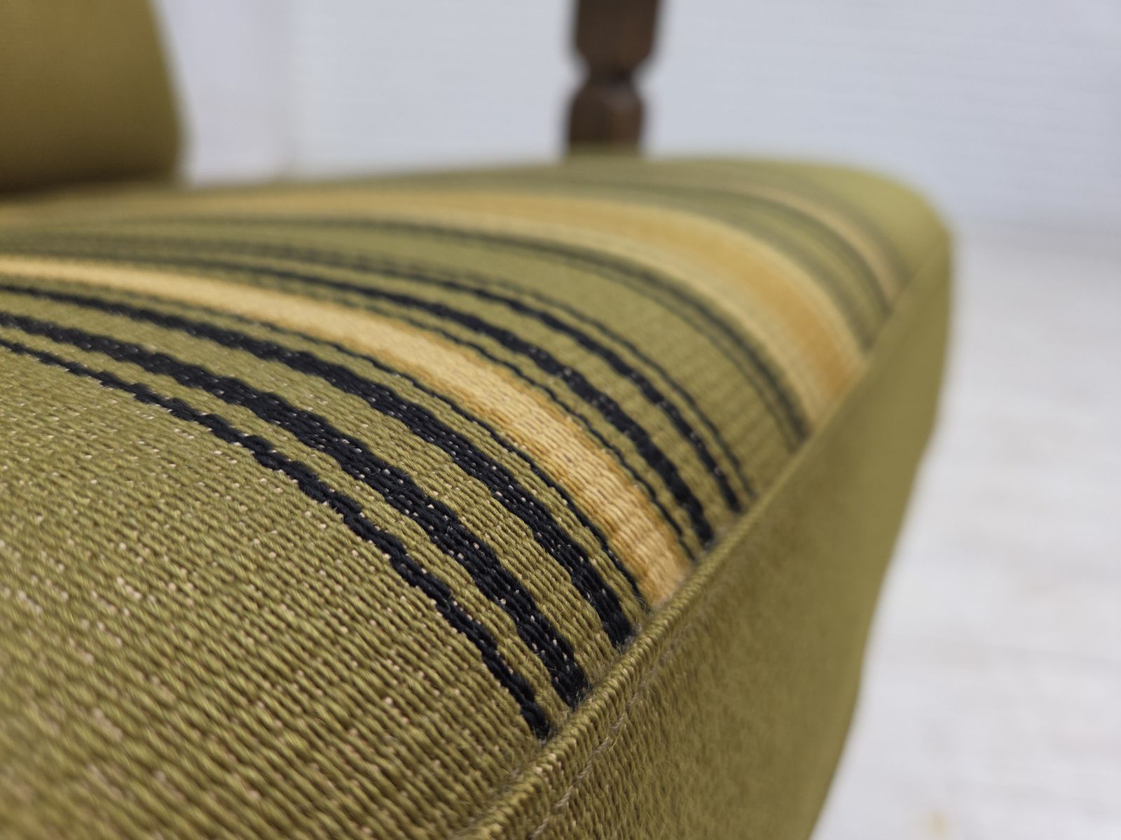 1970s, Pair Of Danish Armchairs, Original Green Furniture Wool, Solid Oak Wood. photo furniture