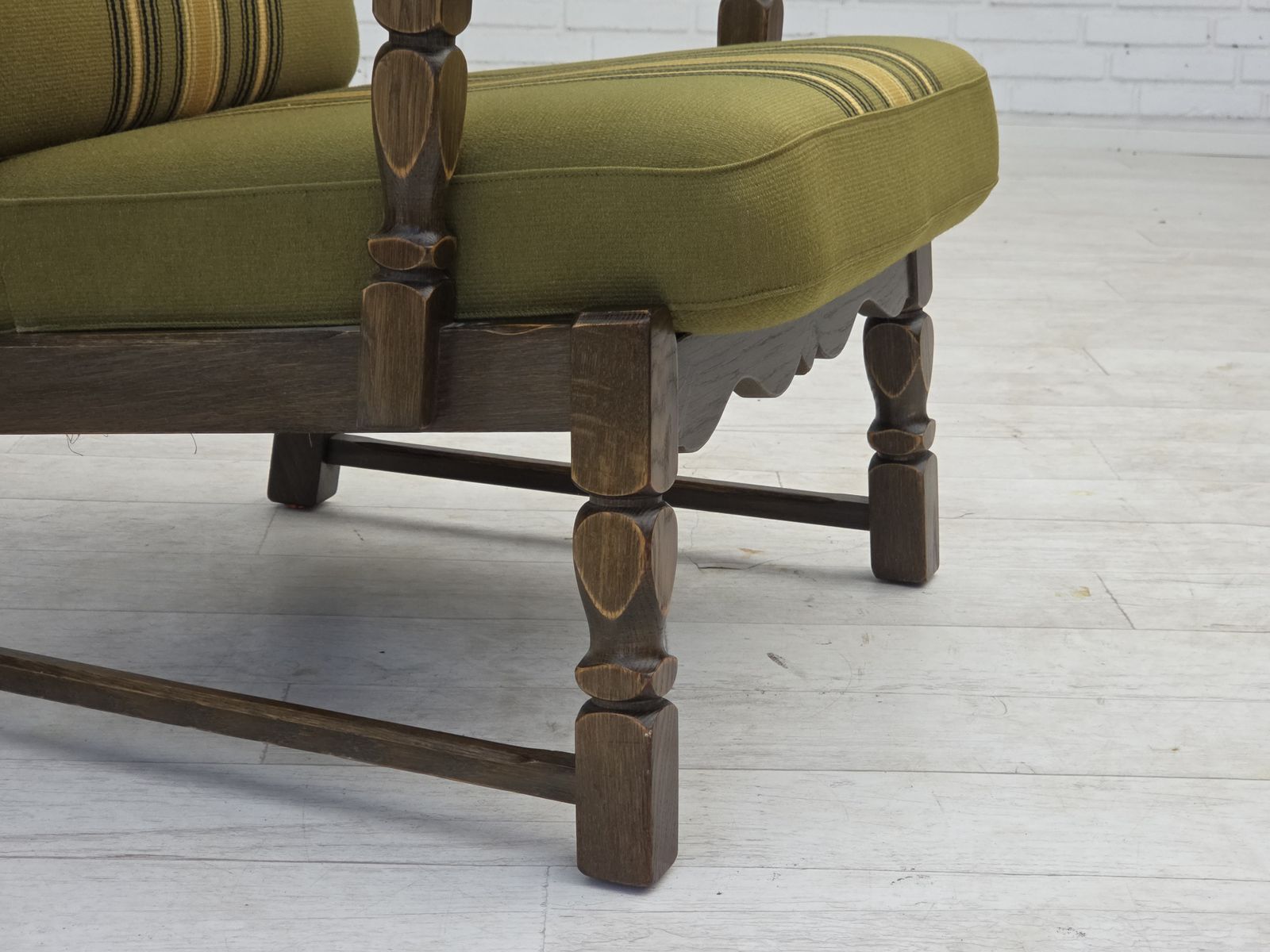 1970s, Pair Of Danish Armchairs, Original Green Furniture Wool, Solid Oak Wood. photo for sale