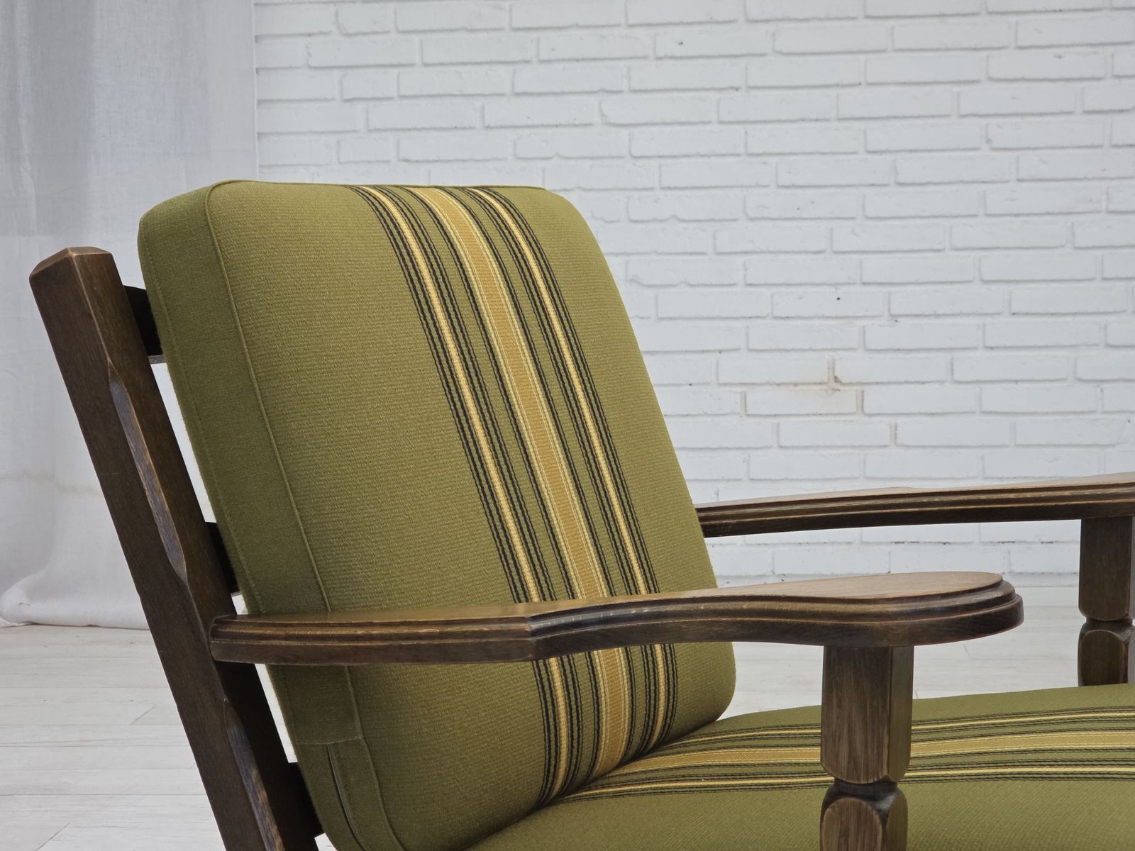 1970s, Pair Of Danish Armchairs, Original Green Furniture Wool, Solid Oak Wood. photo 990.0