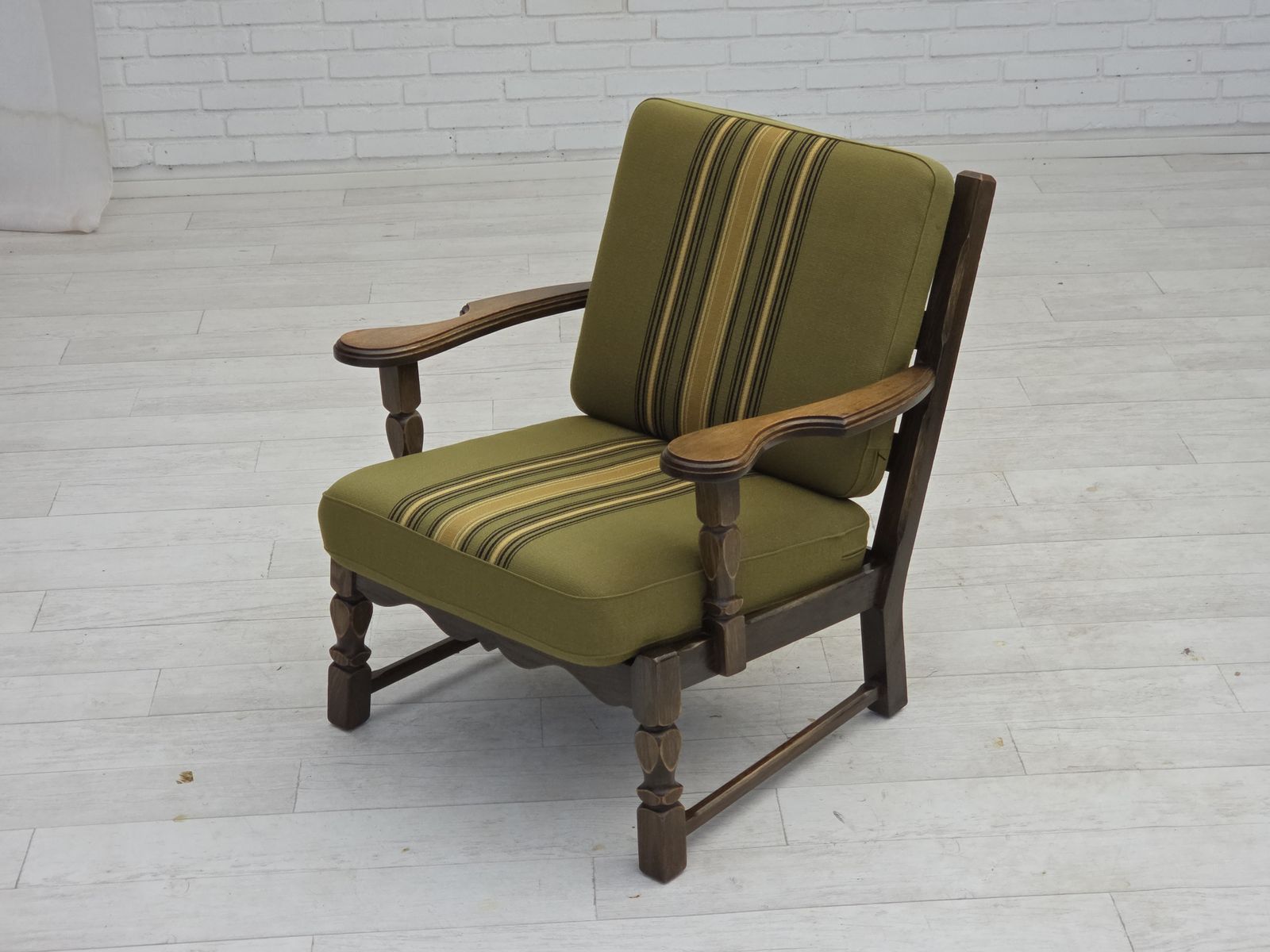 1970s, Pair Of Danish Armchairs, Original Green Furniture Wool, Solid Oak Wood. photo vintage