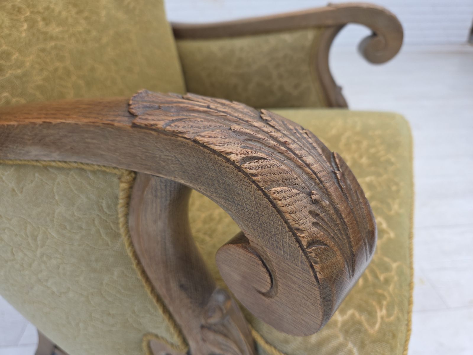 Ca. Jaren 1960, Deense Fauteuil Met Hoge Rug, Meubelbekleding Van Katoen/Wol, Massief Eikenhout. photo vintage