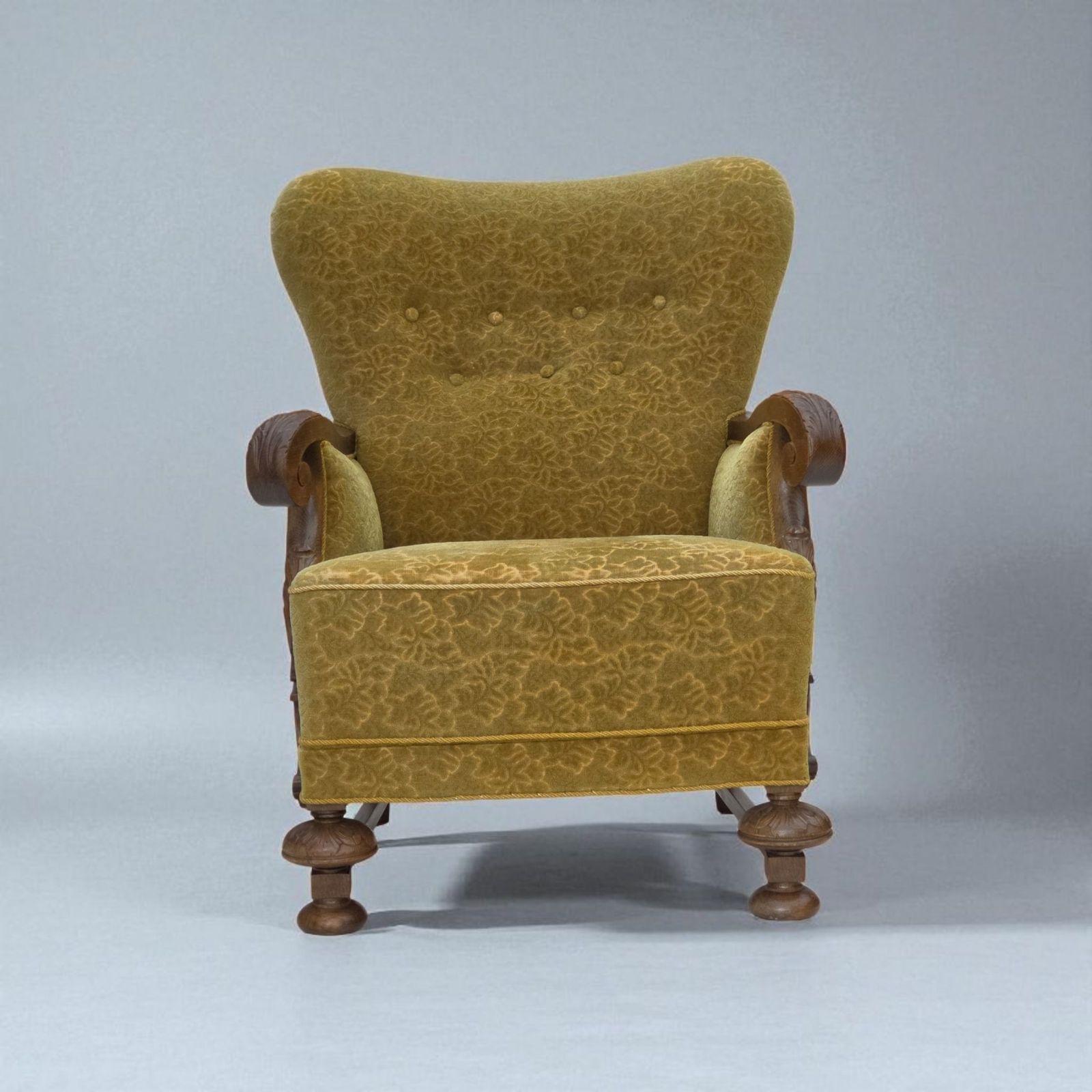 1960s, Danish Armchair, Furniture Cotton/Wool Fabric, Solid Oak Wood.
