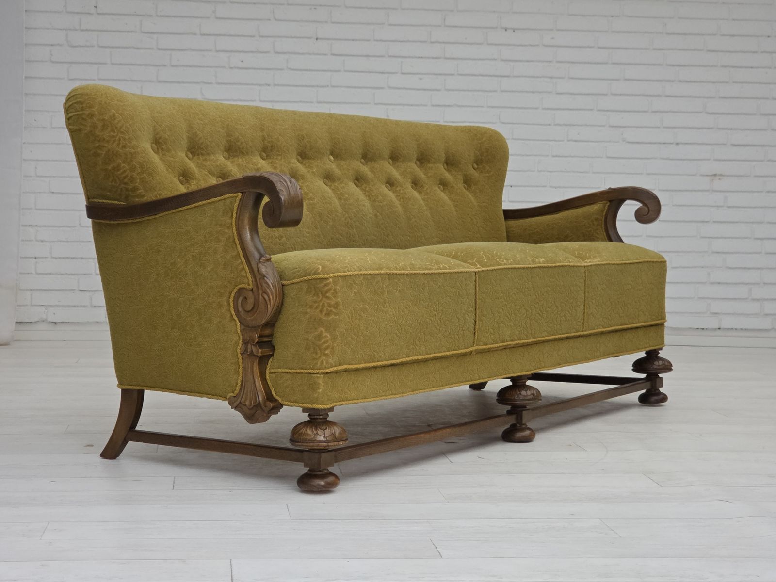 1960s, 3 Seater Danish Sofa, Green Cotton/Wool Furniture Fabric, Solid Oak Wood. photo furniture