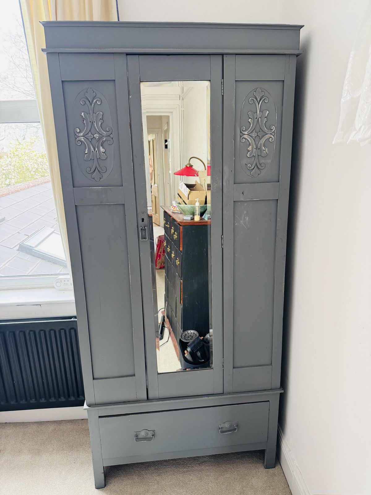 Slimline Antique Grey Blue Mirrored Wardrobe With Ornate Panels & Drawer photo furniture