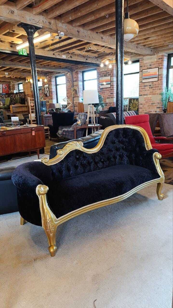 French Rococo Revival Giltwood Chaise Longue With Velvet Chenille Upholstery photo 695.0