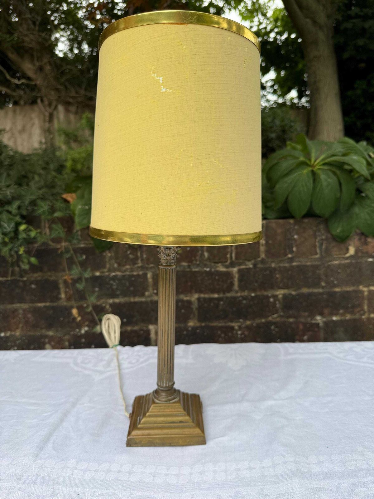 Vintage 1960s–70s Brass Table Lamp With Original Drum Shade – Neoclassical Revival, Elegant Mid Century Lighting, Working photo for sale