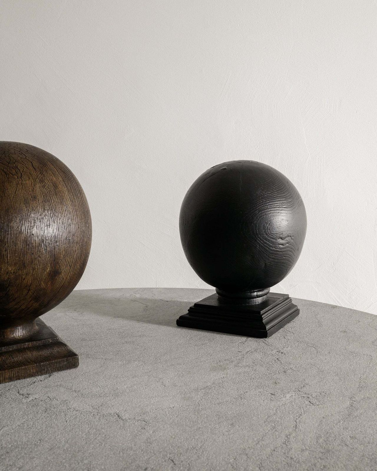 Pair Of English Antique Wooden Globe Sculptures In Black & Brown Stained Oak Produced In England photo for sale
