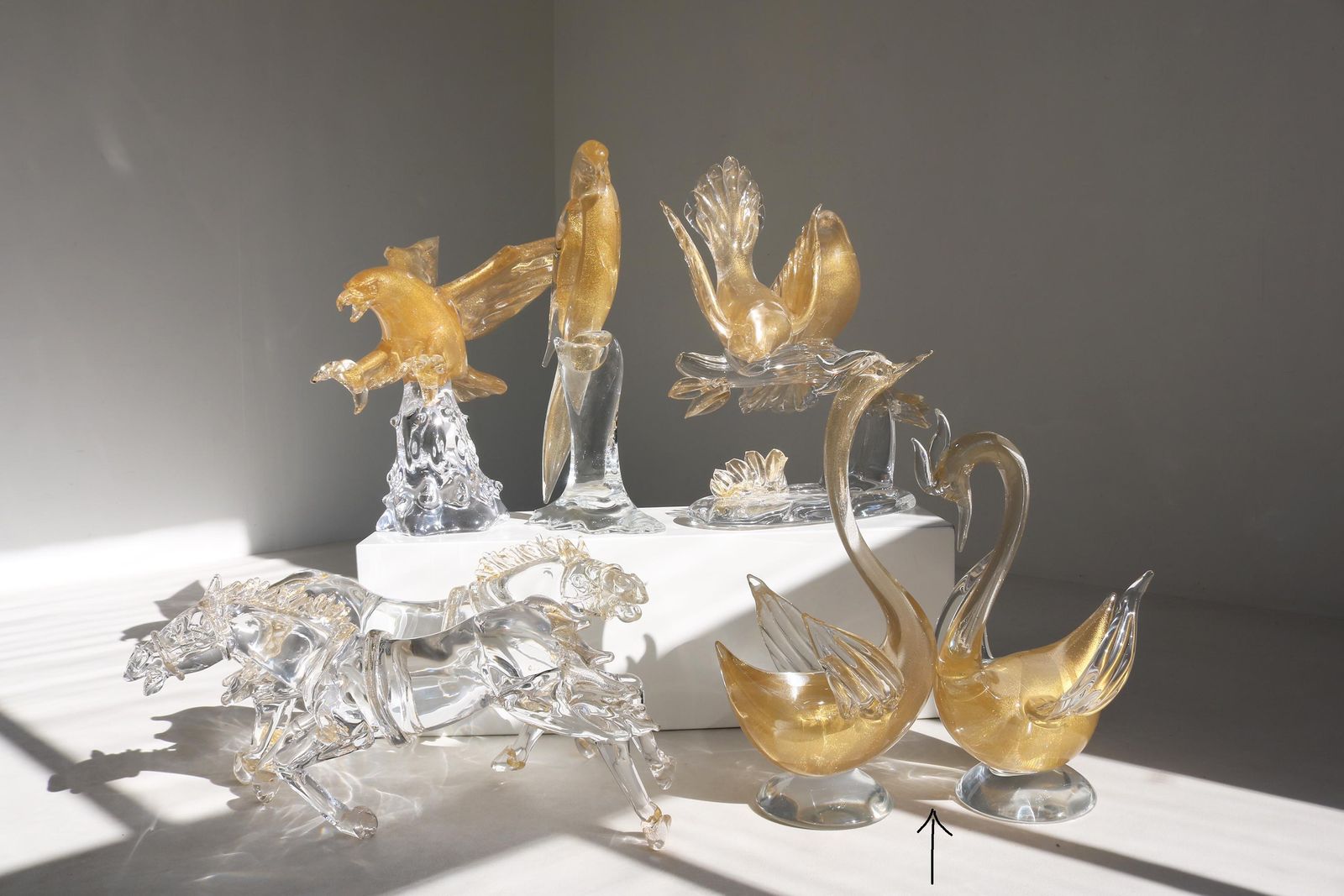 photo for sale Signed Murano Crystal Glass Swan Sculptures With Gold Leaf By Gambaro E Poggi Vintage Mid Century Italian Art Glass