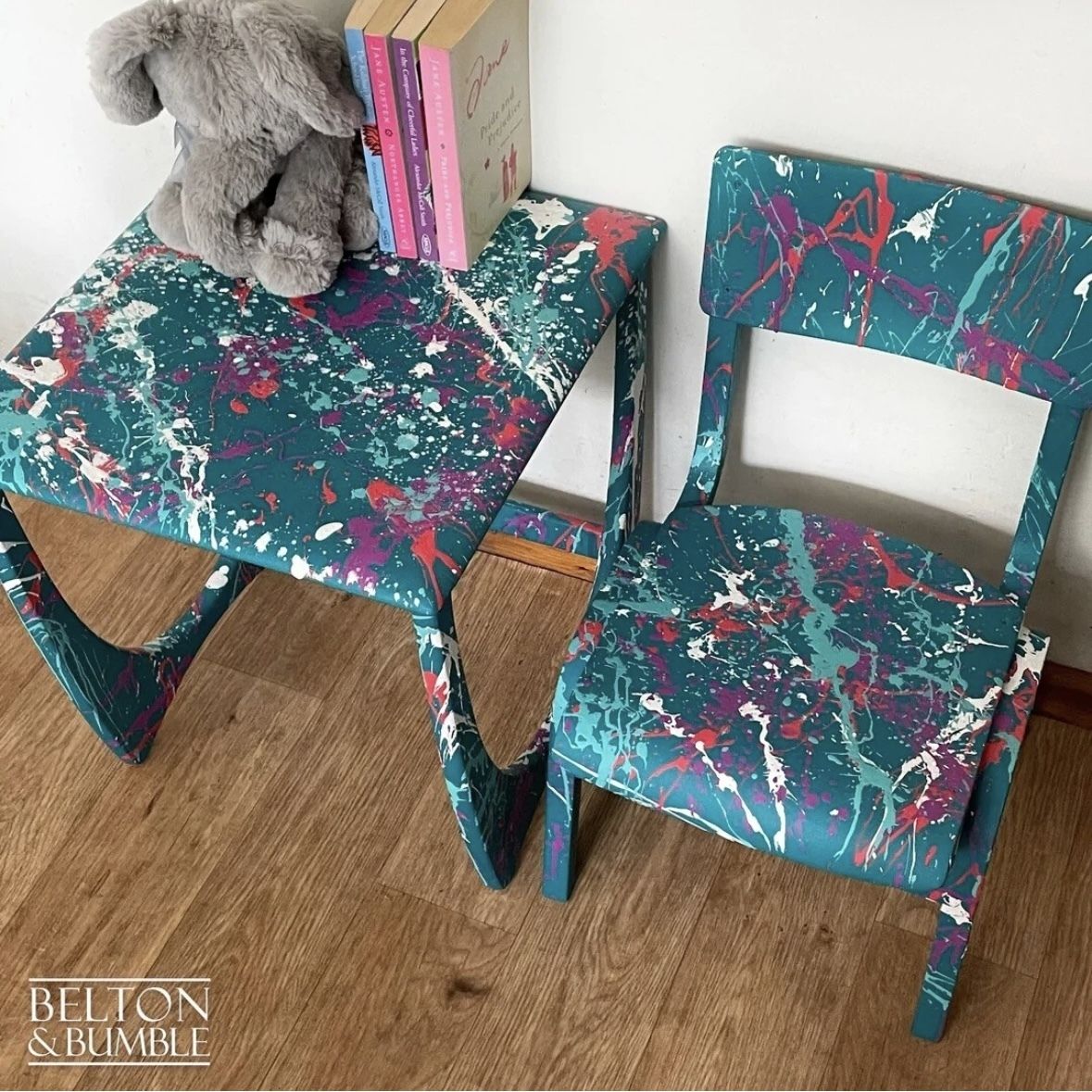 Child’s Writing Desk, Table And Chair Set In Teal With Multi Coloured Details photo vinterior