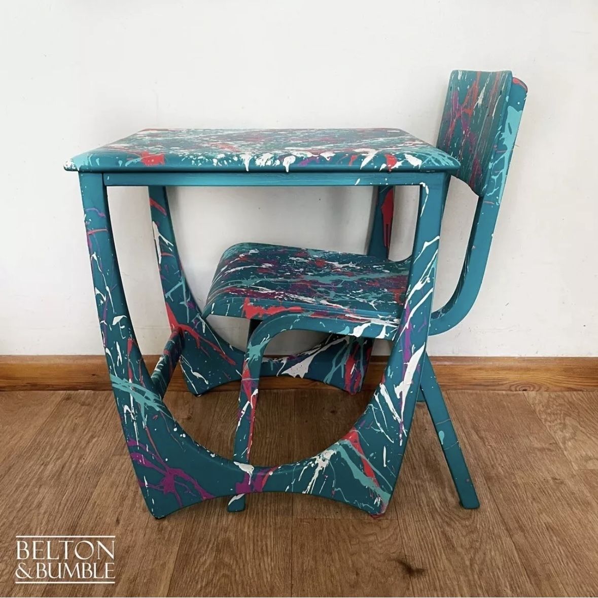 Child’s Writing Desk, Table And Chair Set In Teal With Multi Coloured Details photo buy