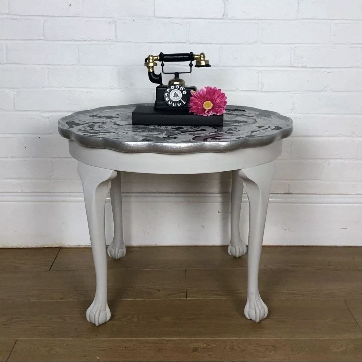 Light Grey And Silver Edged Pie Crust Paint Poured Table With Claw And Ball Feet