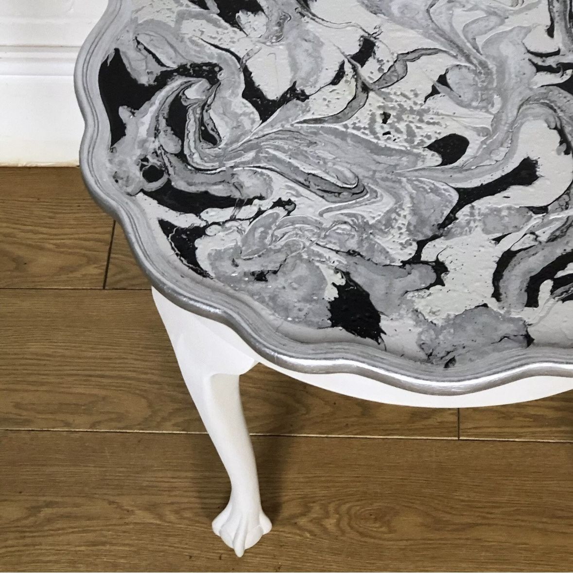 Light Grey And Silver Edged Pie Crust Paint Poured Table With Claw And Ball Feet photo for sale