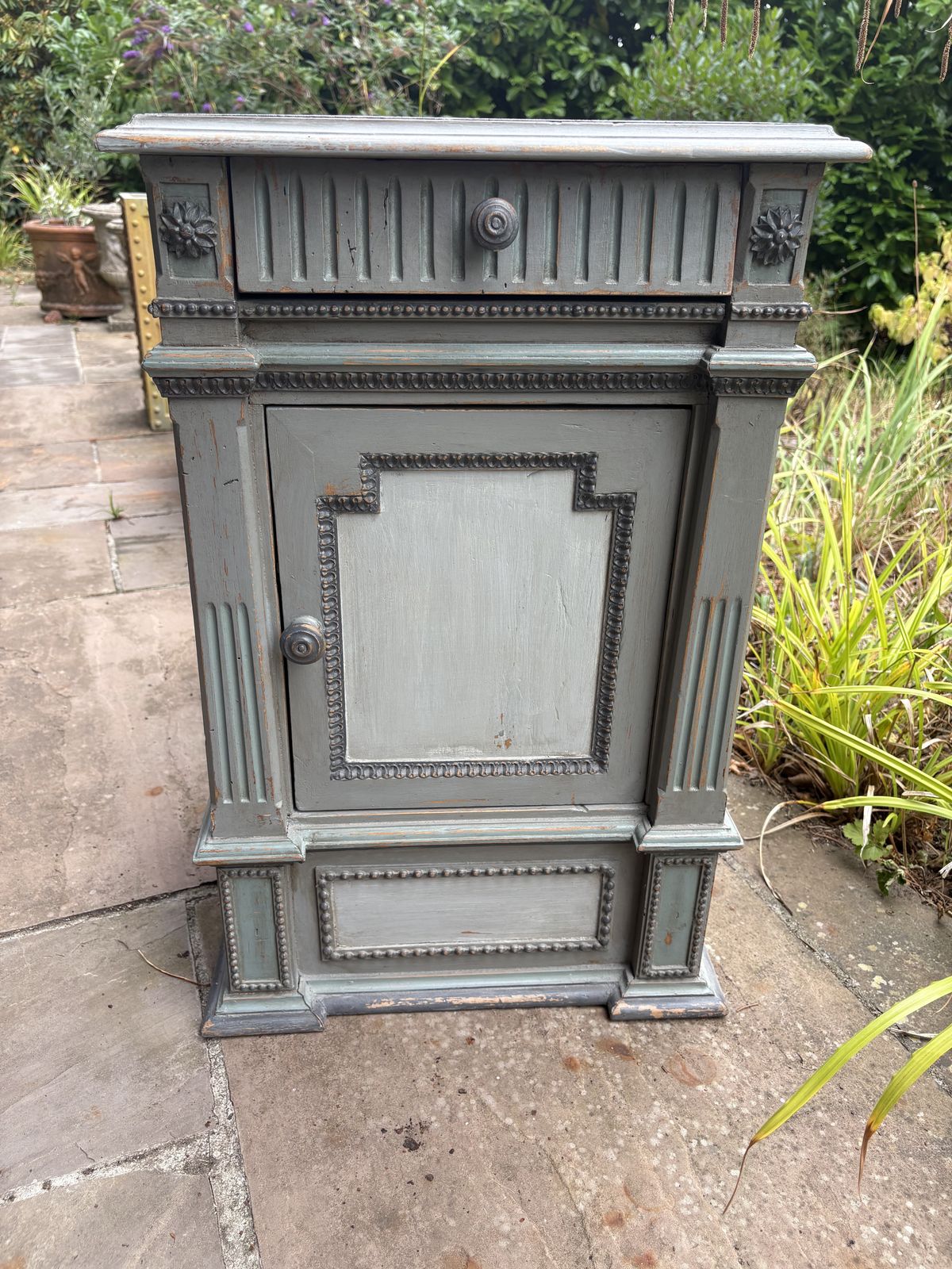 Pair Of French Style Bedside Cabinets – Grey/Blue With Decorative Detailing