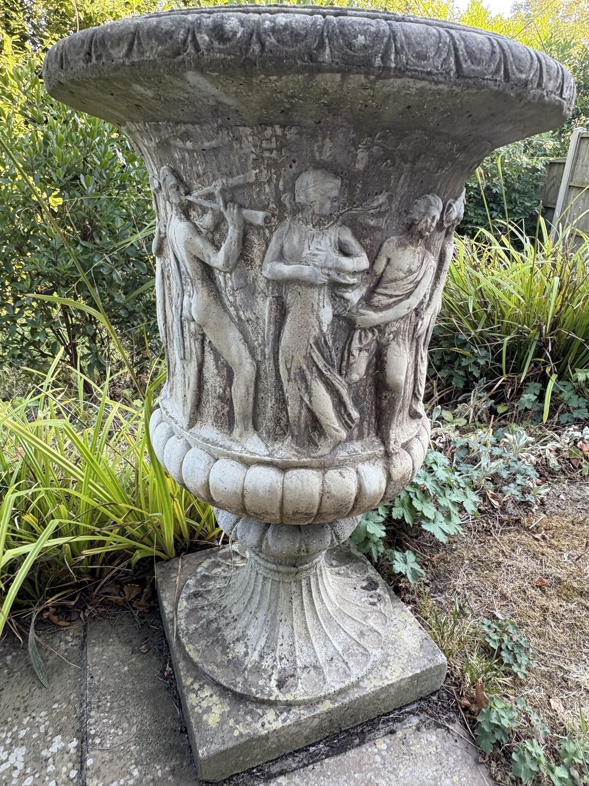 Large Greco Roman Garden Pot – Hypertufa With Carvings Of Satyrs & Nymphs photo for sale