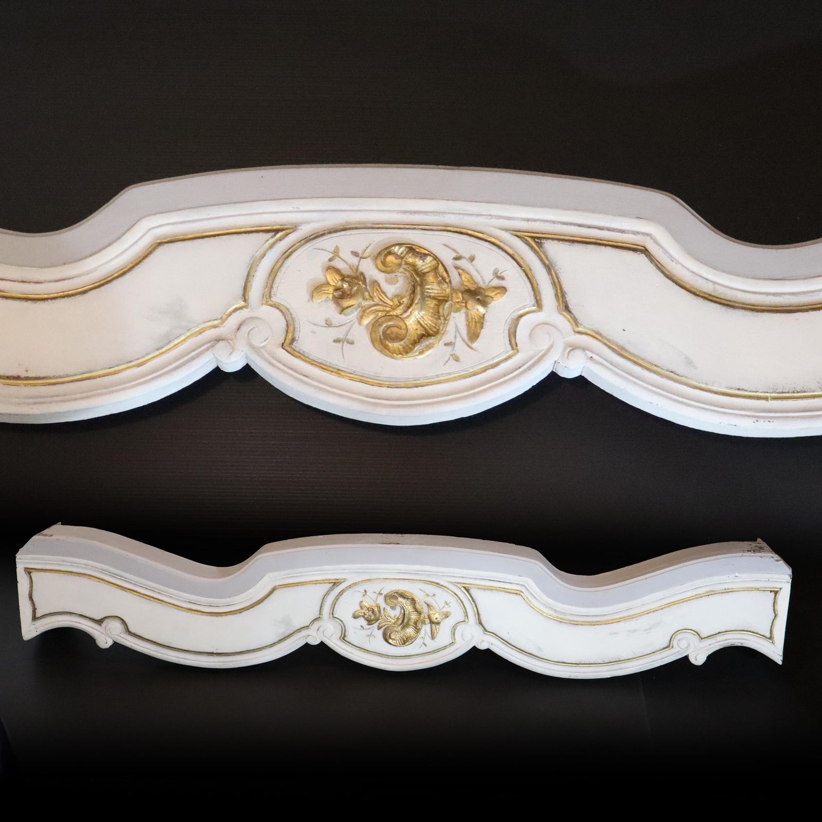 Antique French Wood Curtain Pelmet Large Giltwood Carved Window Valance White Gold Pediment