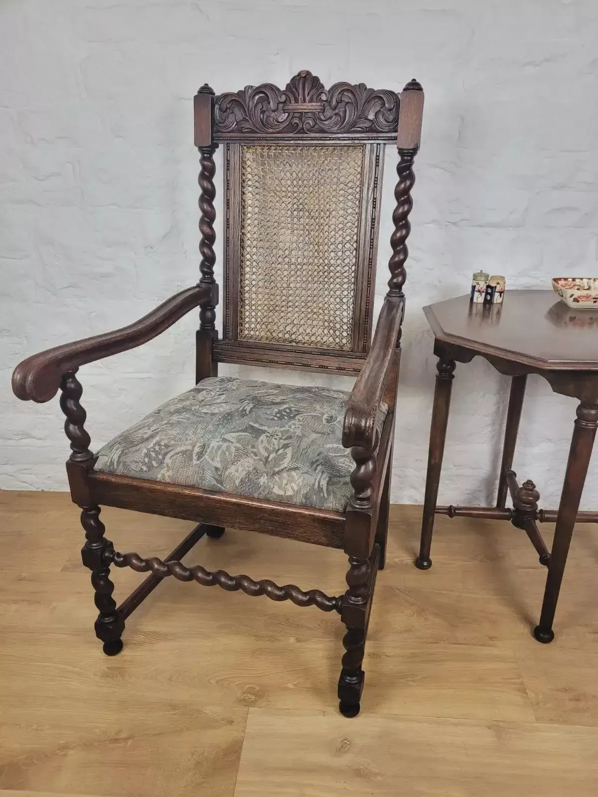 Victorian Barley Twist Armchair Carved Oak Antique Upholstered