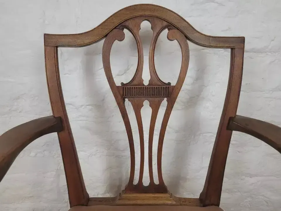 Victorian Dining Armchair Oak Carved Pierced Back Upholstered photo 150.0