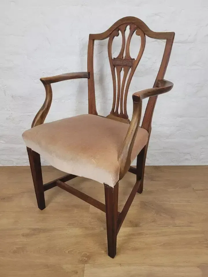 Victorian Dining Armchair Oak Carved Pierced Back Upholstered photo vinterior