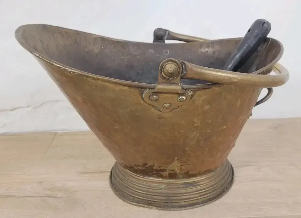 photo for sale Victorian Brass Coal Scuttle Bucket Shovel 19thc Antique