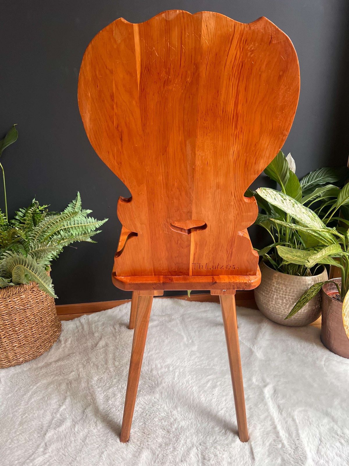 Hand Carved Swiss Folk Art Chair | Vintage Alpine Hunting Lodge Decor | Rustic Wooden Chair Stag & Oak Leaf Carving Graubünden Switzerland photo buy