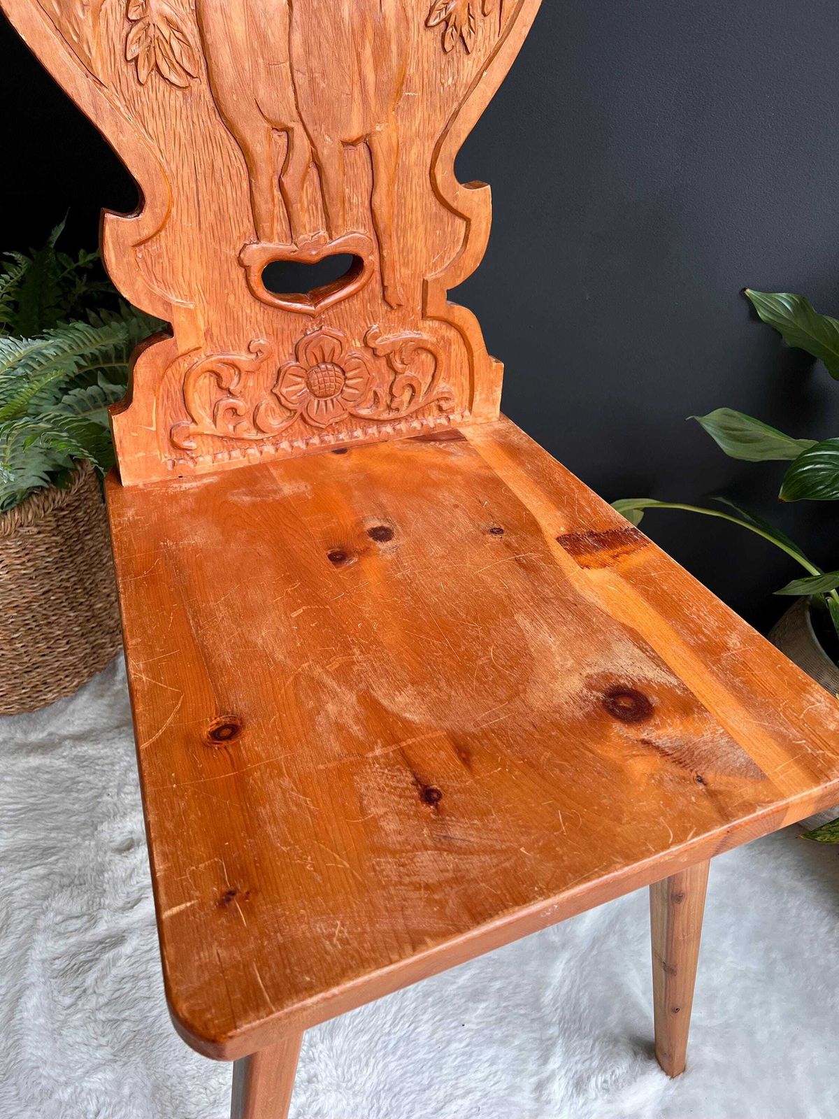 Hand Carved Swiss Folk Art Chair | Vintage Alpine Hunting Lodge Decor | Rustic Wooden Chair Deer & Oak Leaf Carving Graubünden Switzerland photo vinterior