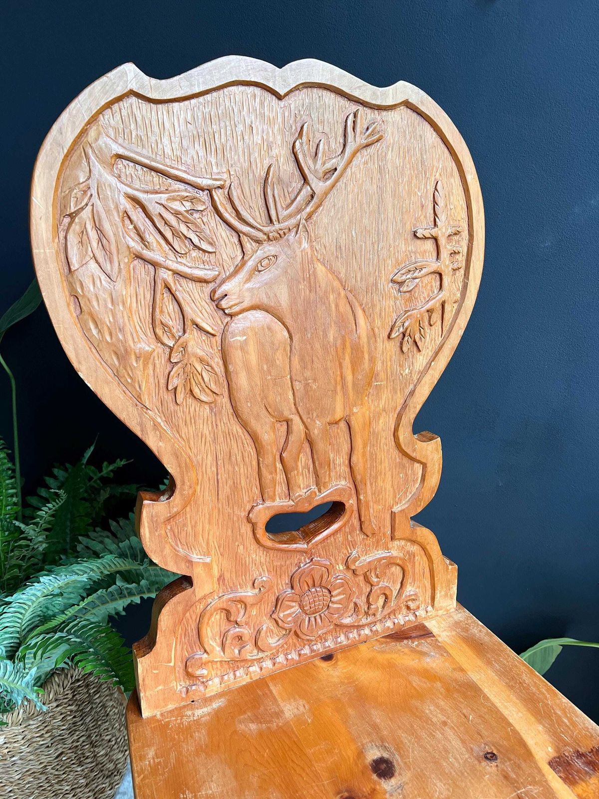 photo furniture Hand Carved Swiss Folk Art Chair | Vintage Alpine Hunting Lodge Decor | Rustic Wooden Chair Deer & Oak Leaf Carving Graubünden Switzerland