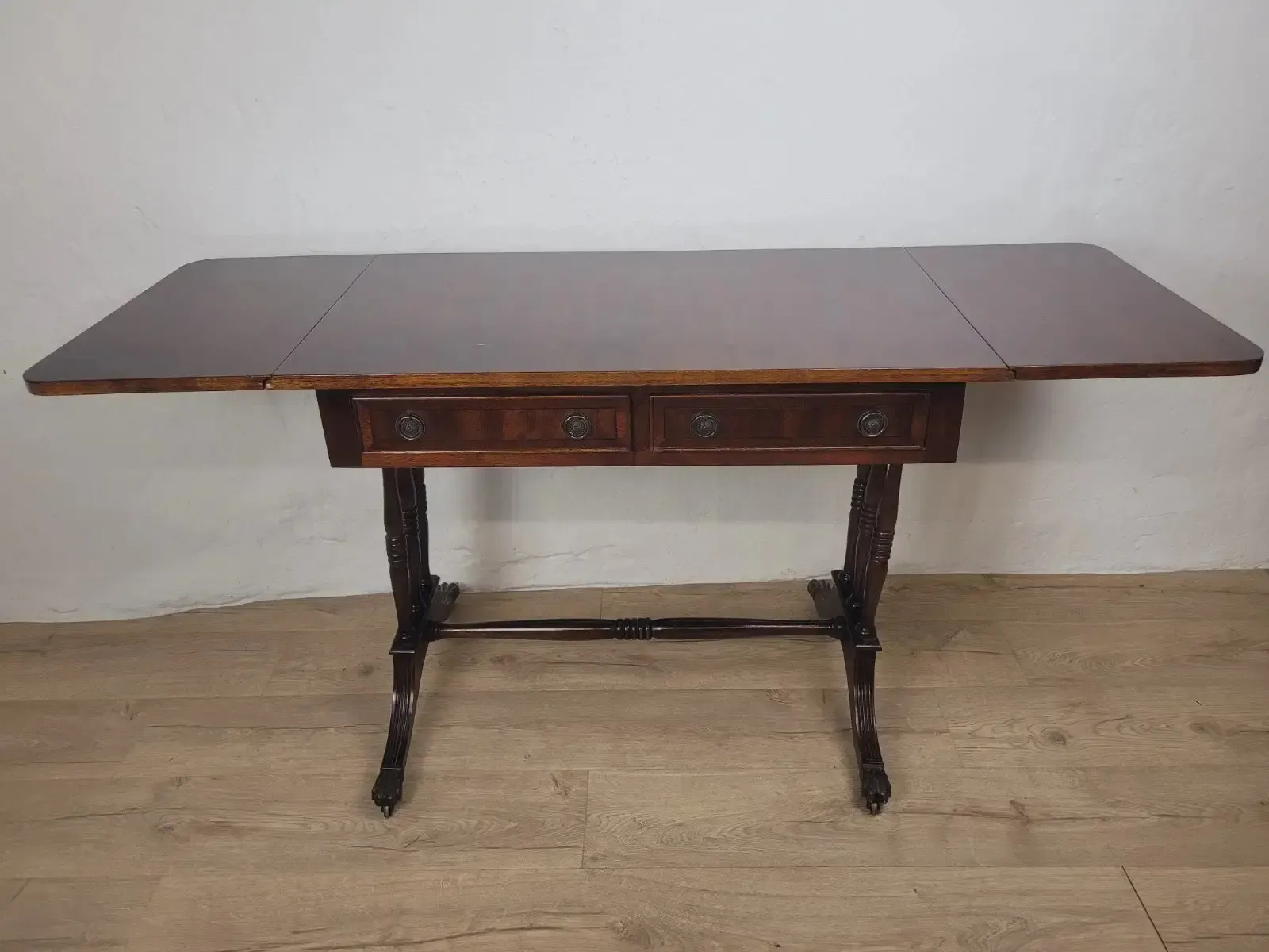 photo for sale Drop Leaf Side Table Drawers Mahogany Castors Vintage 1940s