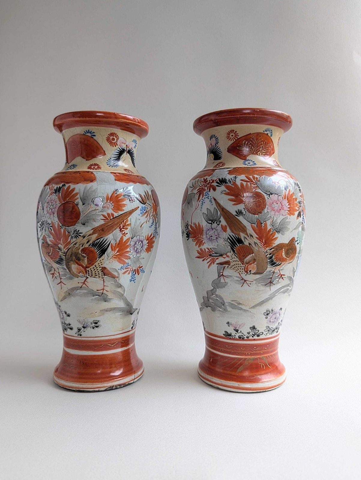 Pair Of 19th Century Red Japanese Meiji Kutani Vases, Hand Painted Gilt Porcelain photo 220.0