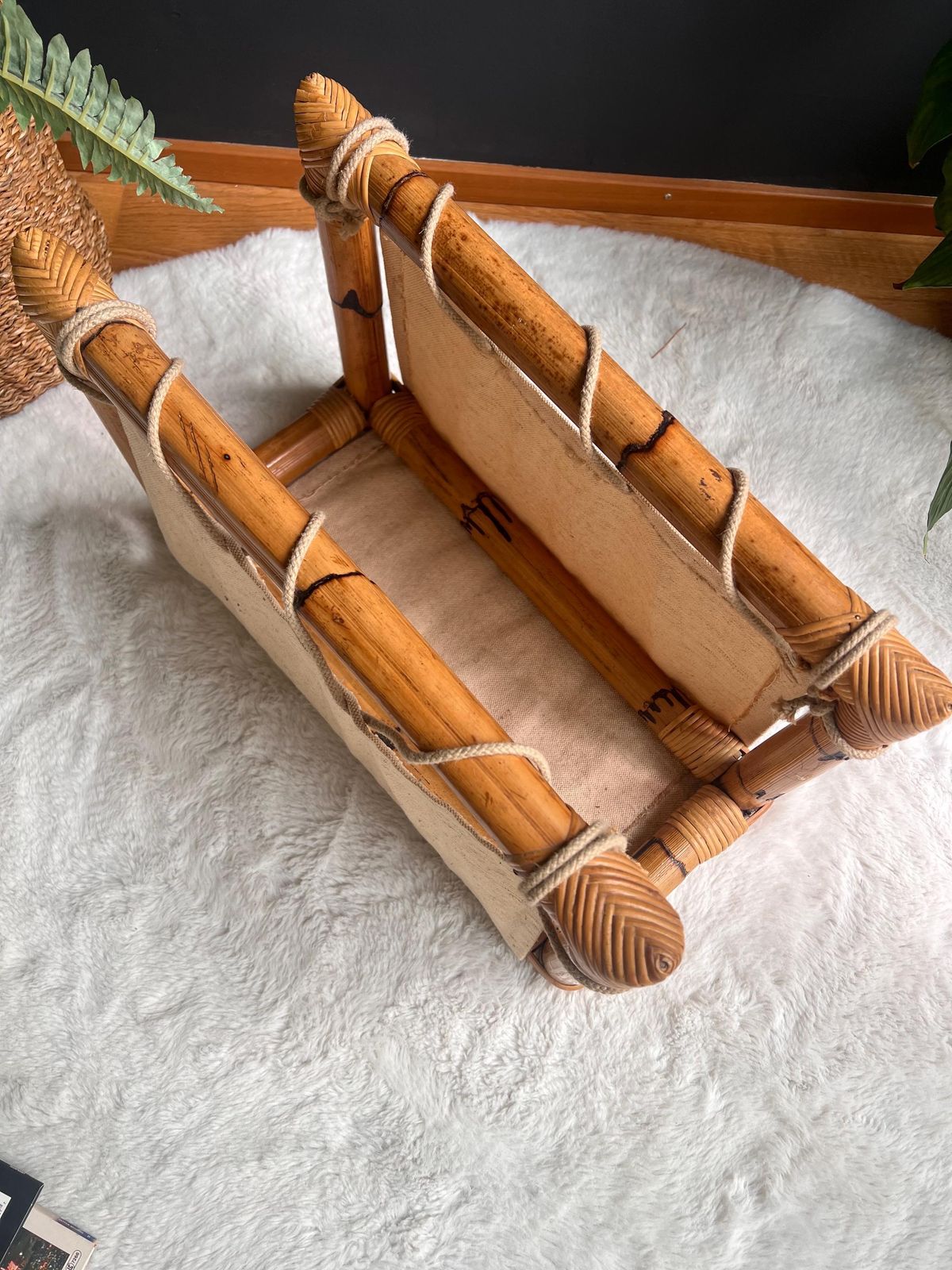 Vintage Boho Bamboo & Jute Magazine Rack Mid Century Modern Organic Decor, Cozy Minimalist Home Woven Organizer, Lp Vinyl Holder photo furniture