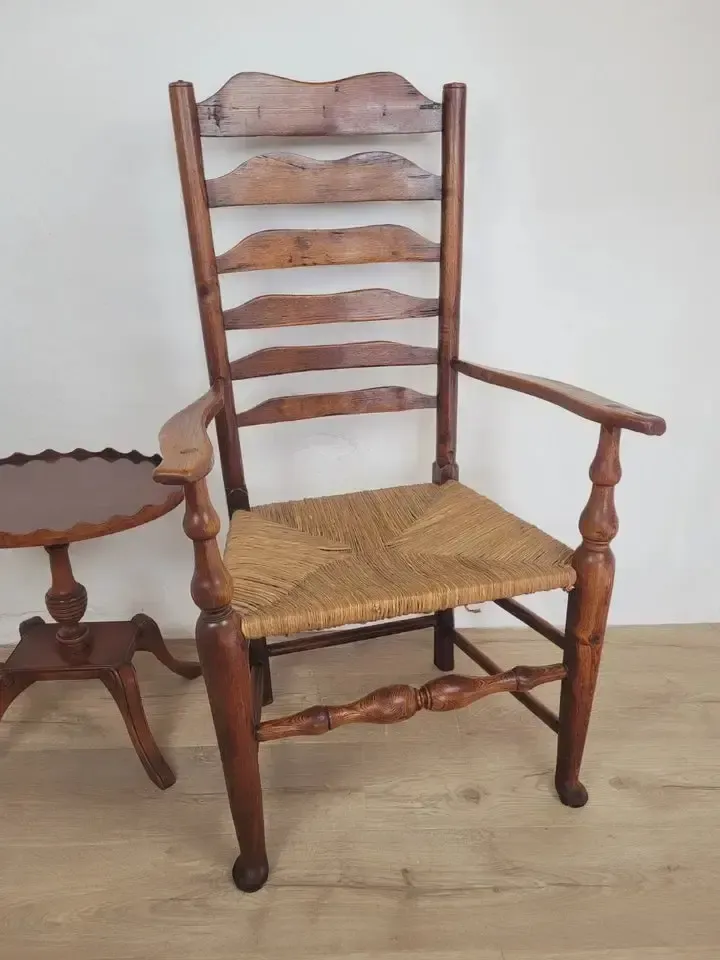 Ladderback Armchair Elm 19th Century Country Rush Seat Antique photo furniture