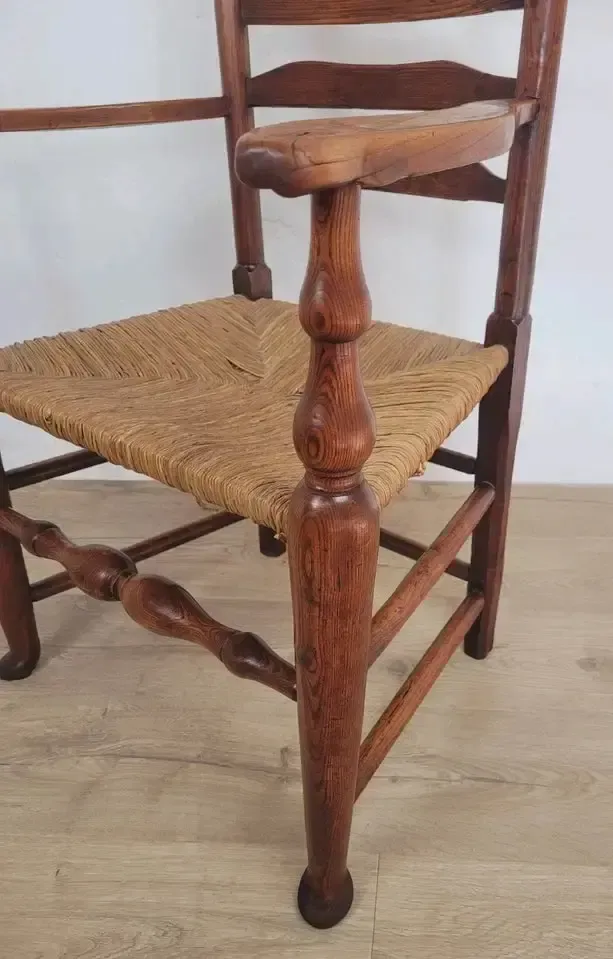Ladderback Armchair Elm 19th Century Country Rush Seat Antique photo vintage
