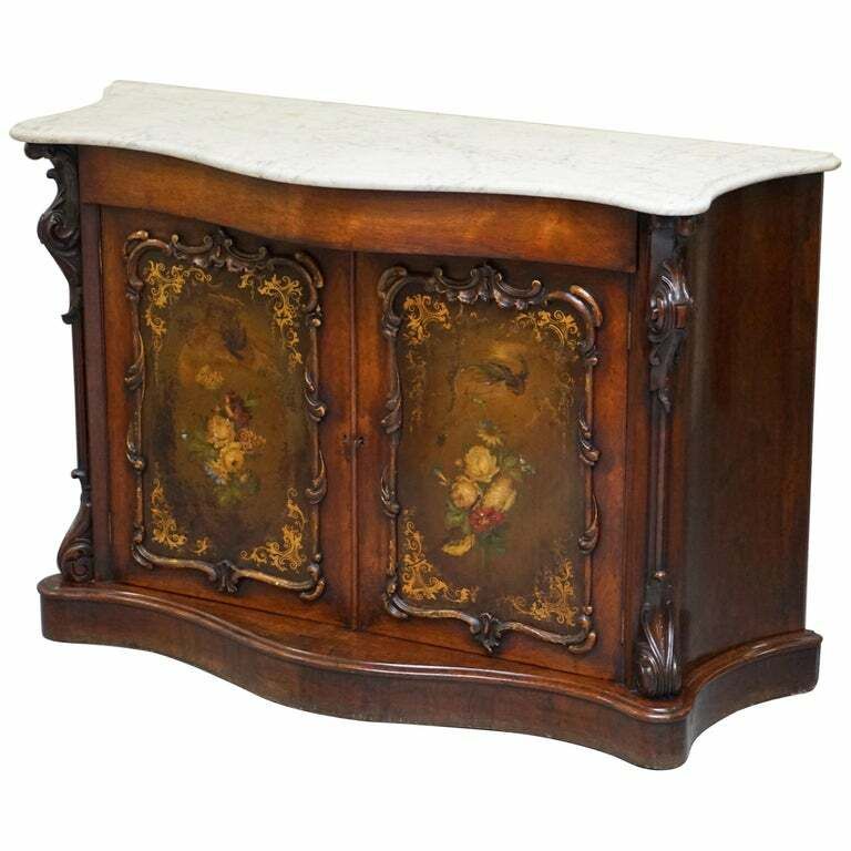 Victorian Marble Topped Serpentine Fronted Verni Martin Painted Carved Sideboard