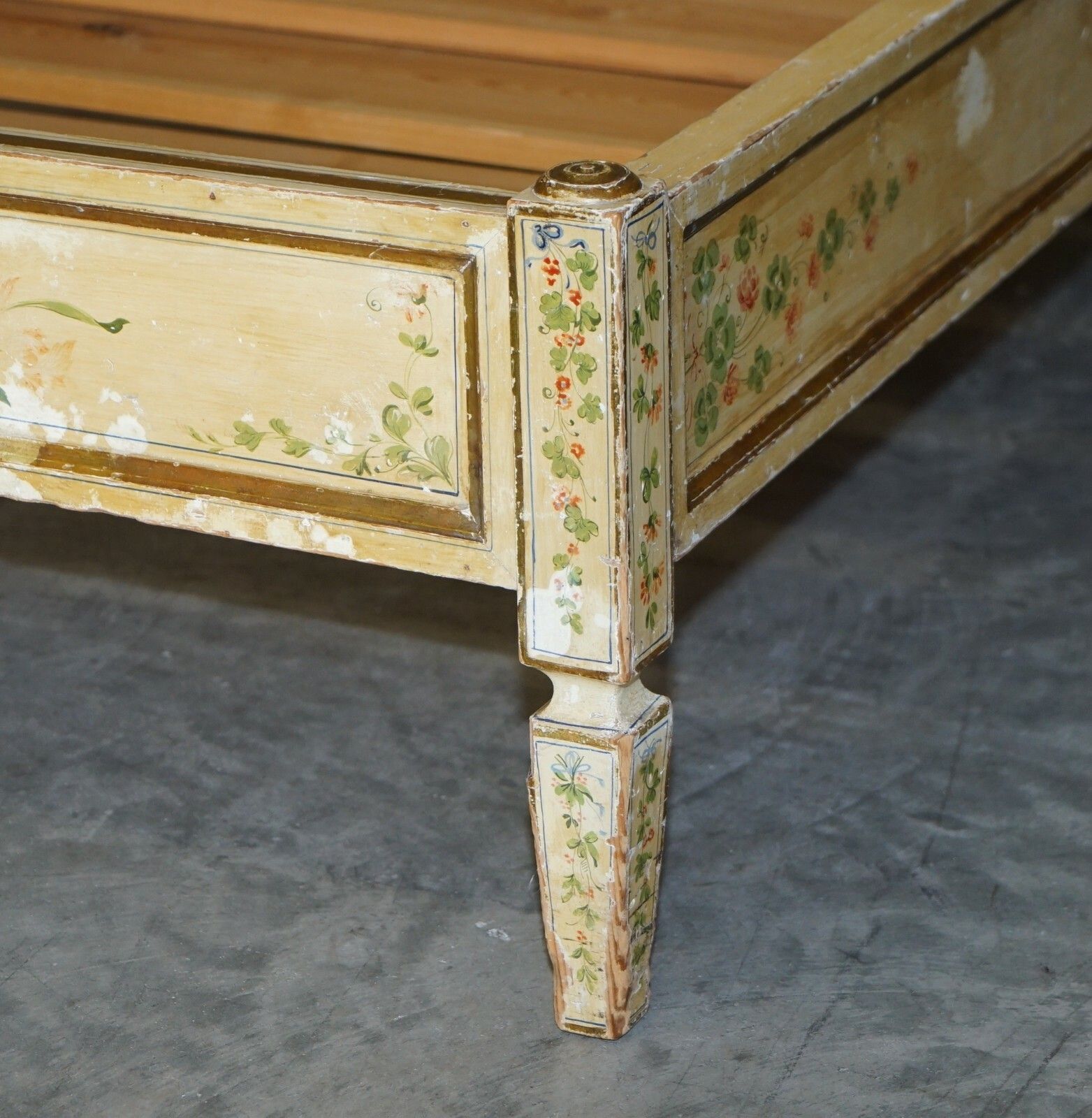 Antique French Hand Painted Ornately Decorated Bed Frame In Oak Pine Slats photo buy