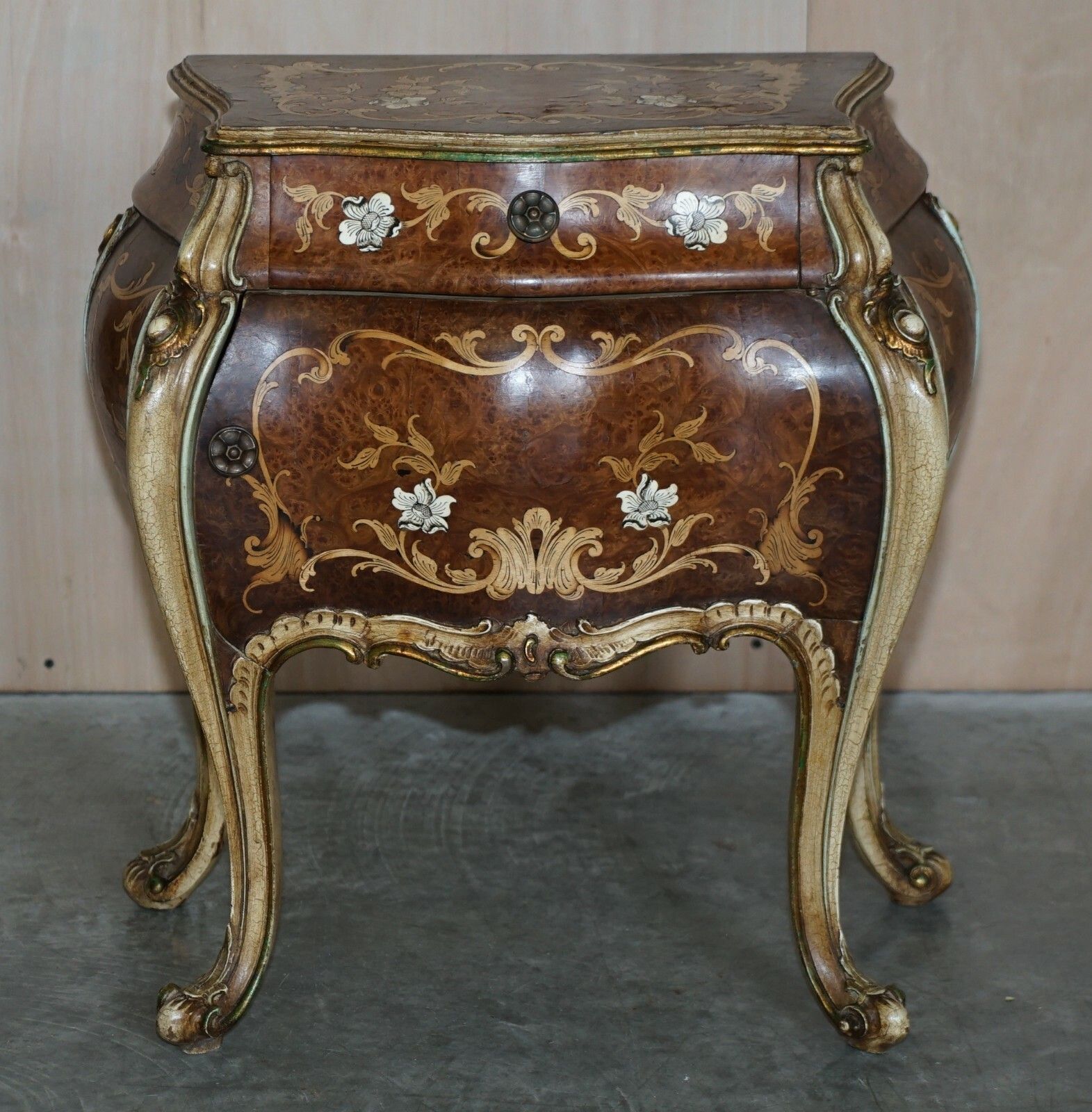 Fine Pair Of Italian Marquetry Inlaid Burr Walnut Bedside Bombe Chest Of Drawers photo for sale