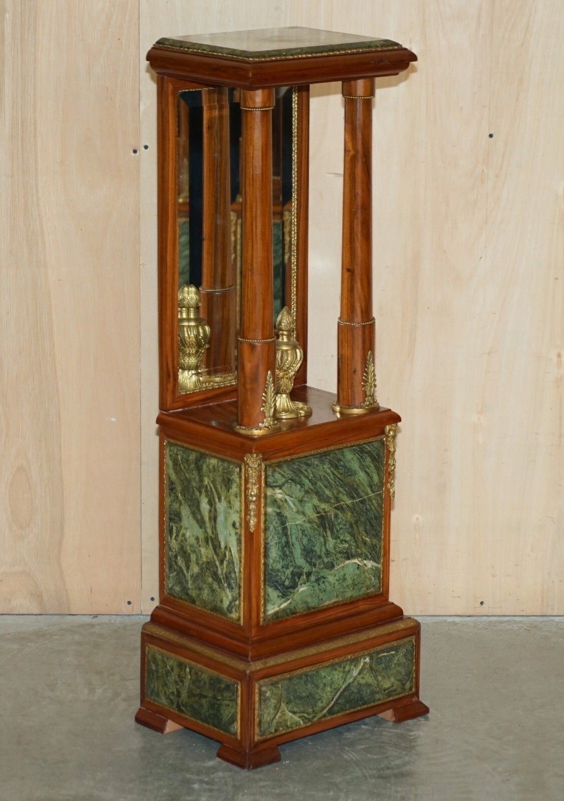 Pair Of Antique Gilt Bronze Mounted Walnut Green Marble Topped Pedestal Stands photo furniture