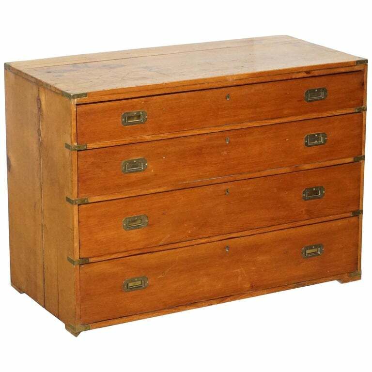 Sublime Victorian Pine Military Campaign Chest Of Drawers Original Brass Fitting