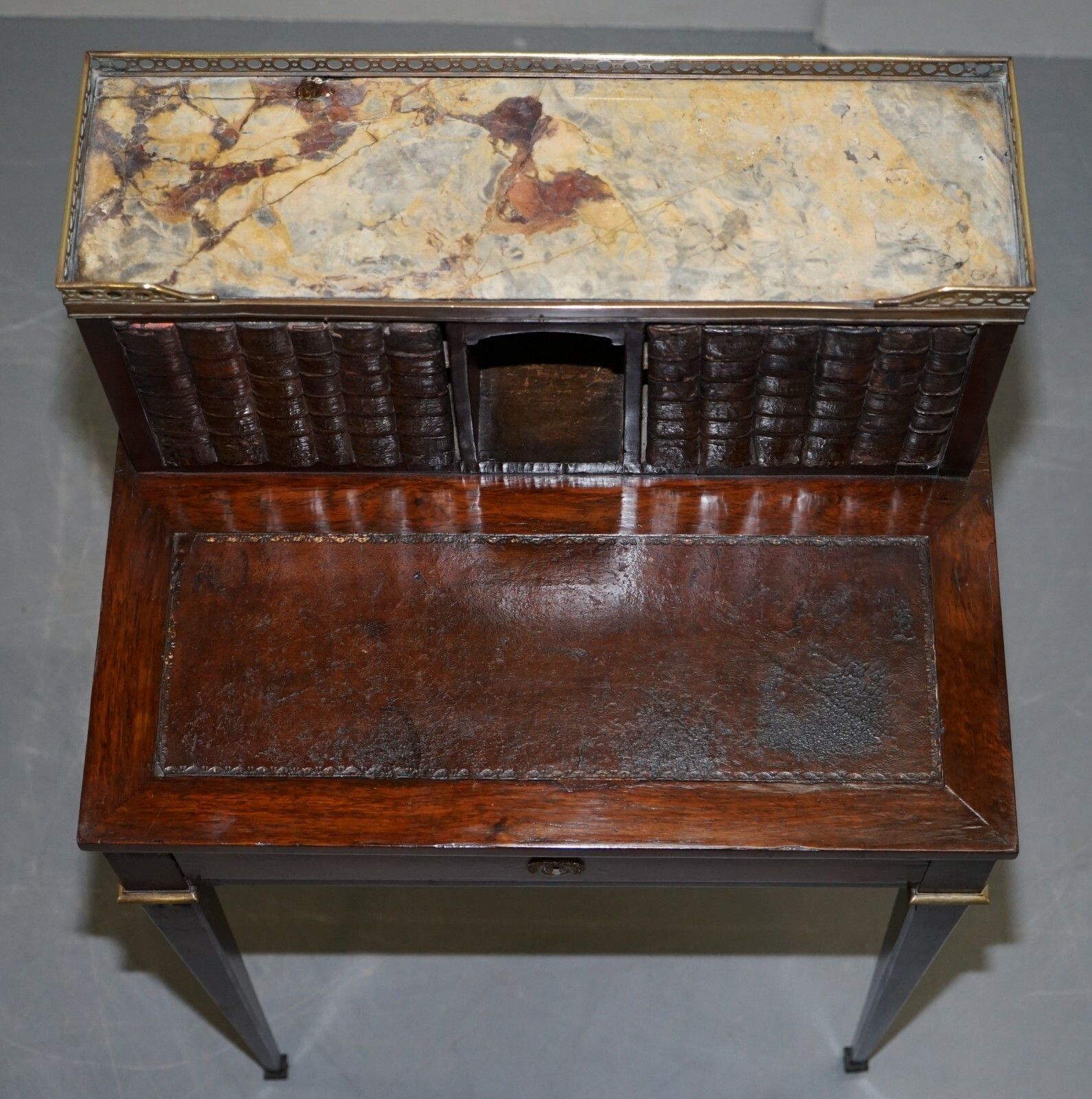 Antique French Circa 1870 Bonheur Du Jour Rosewood Marble Desk Bureau Faux Books photo vinterior