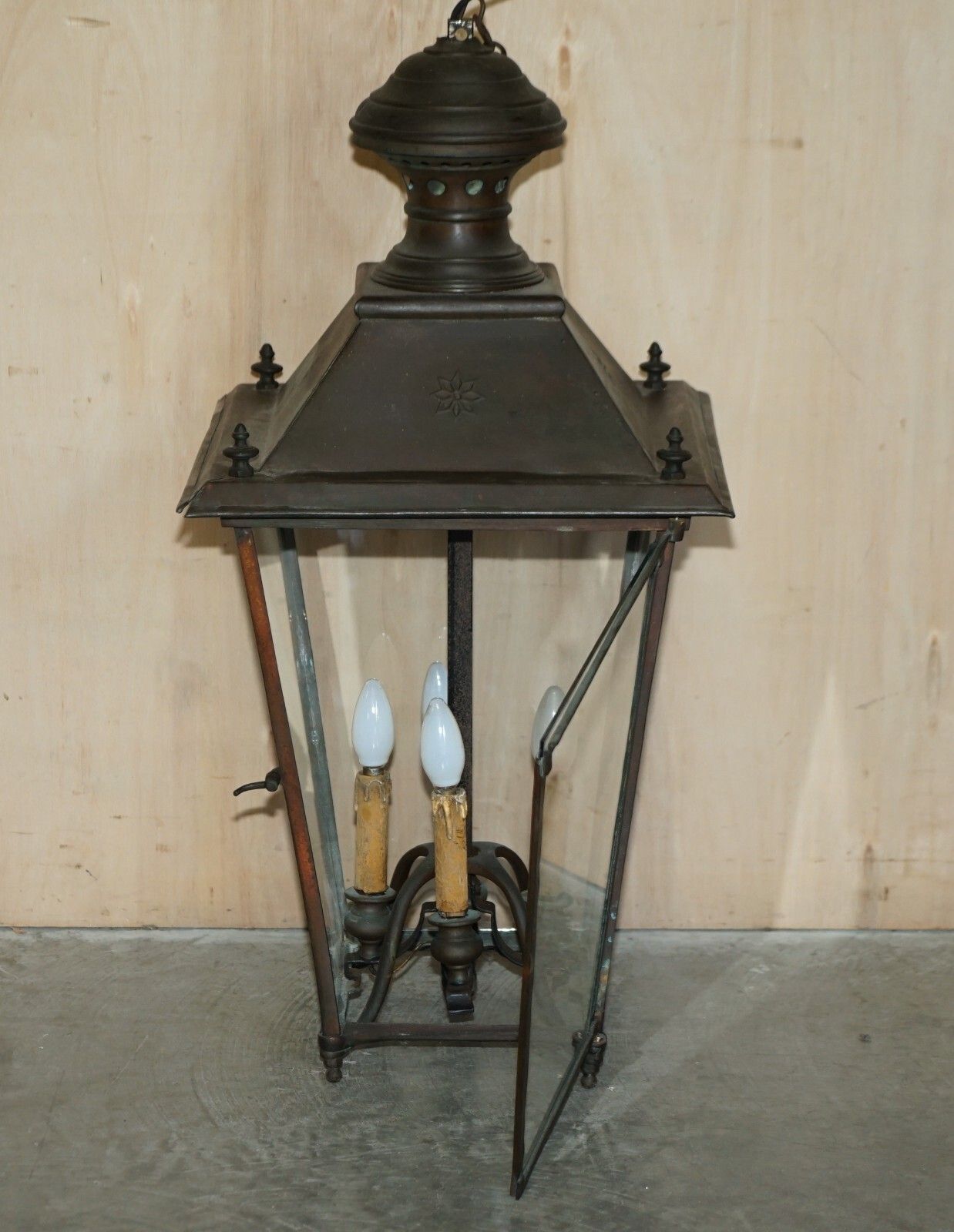 Antique Victorian Bronze Hanging Lantern With Four Candle Interior Must See photo vintage