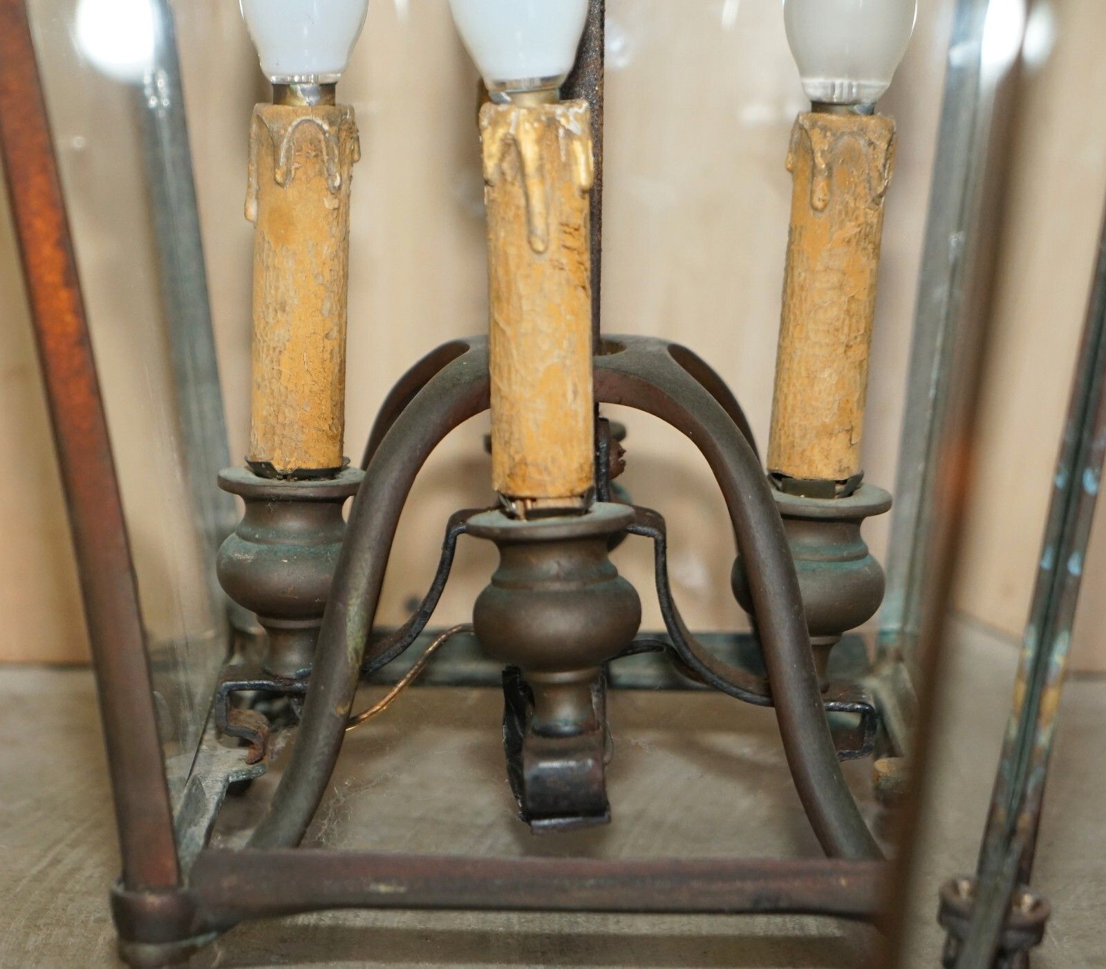 photo for sale Antique Victorian Bronze Hanging Lantern With Four Candle Interior Must See