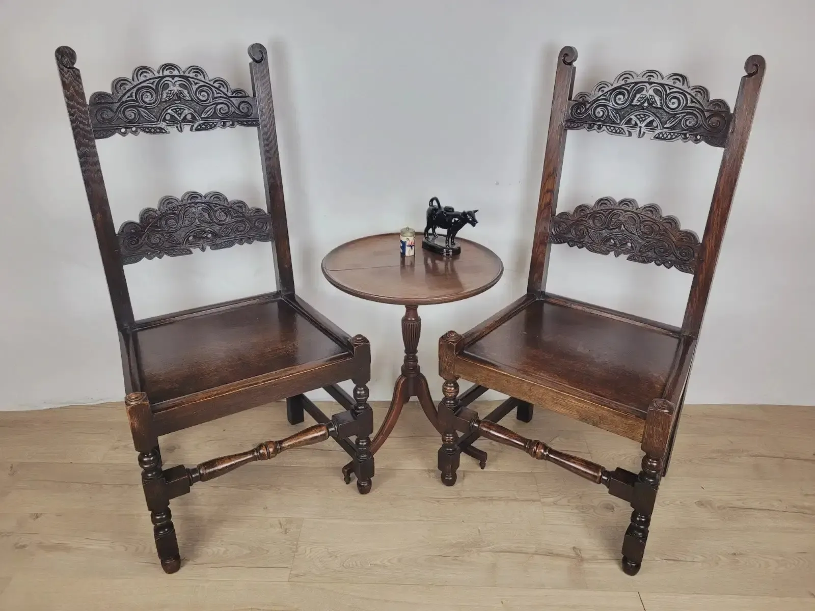 Yorkshire Side Chairs Pair Carved Farmhouse Vintage 1950s photo furniture