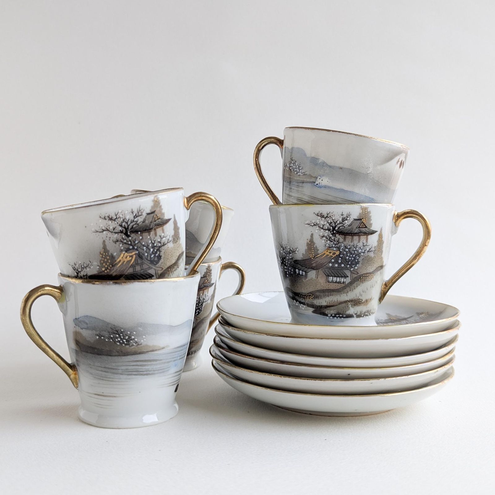 Set Of Six Mid Century Japanese Demitasse Cups And Saucers, Mount Fuji Coffee Cups With Matching Saucers