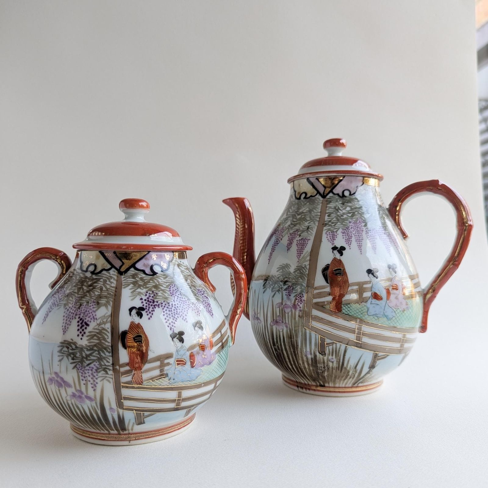 Vintage Kutani Teapot And Sugar Bowl, Hand Painted Japanese Geisha Tea Set