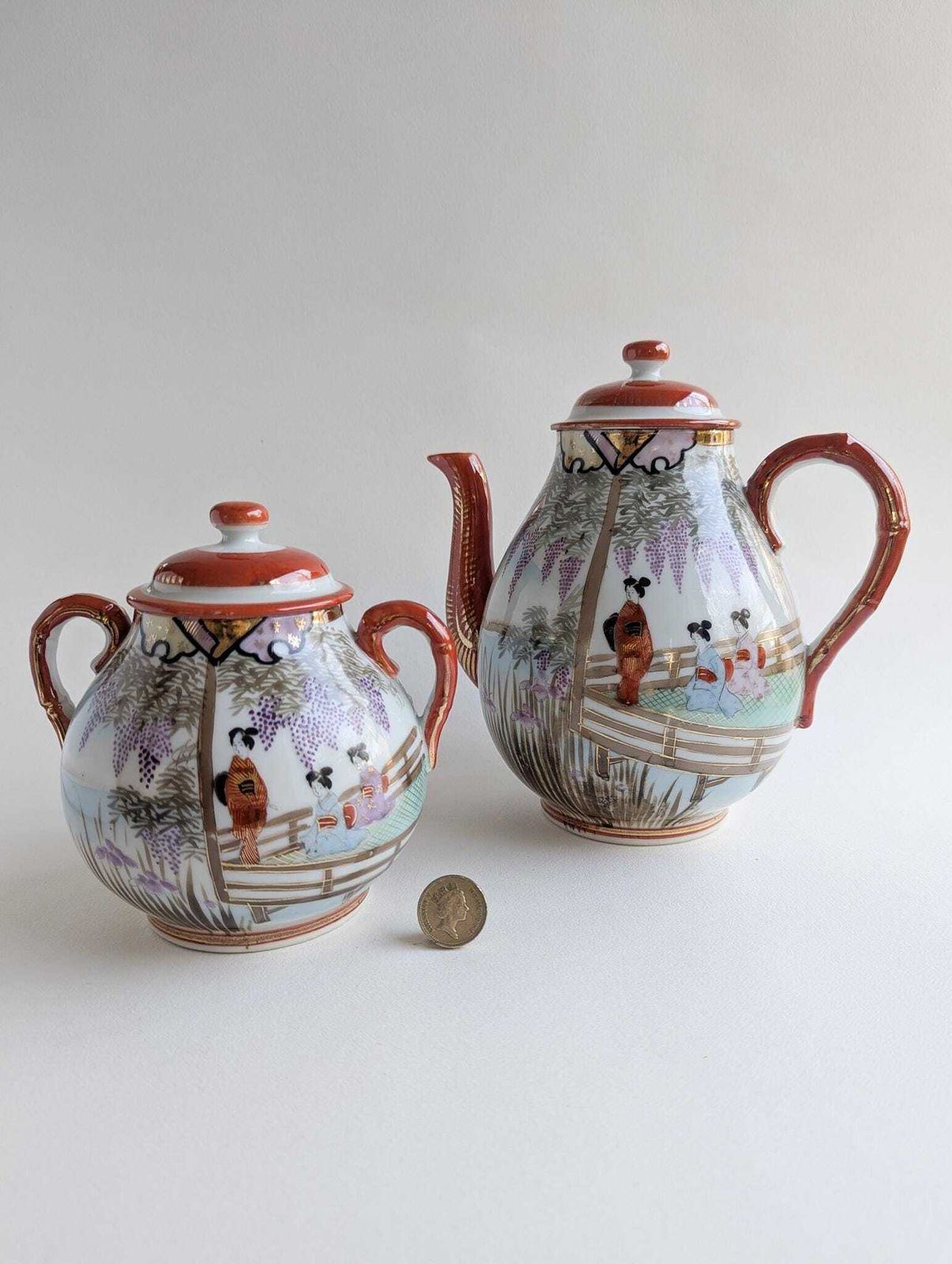 Vintage Kutani Teapot And Sugar Bowl, Hand Painted Japanese Geisha Tea Set photo furniture
