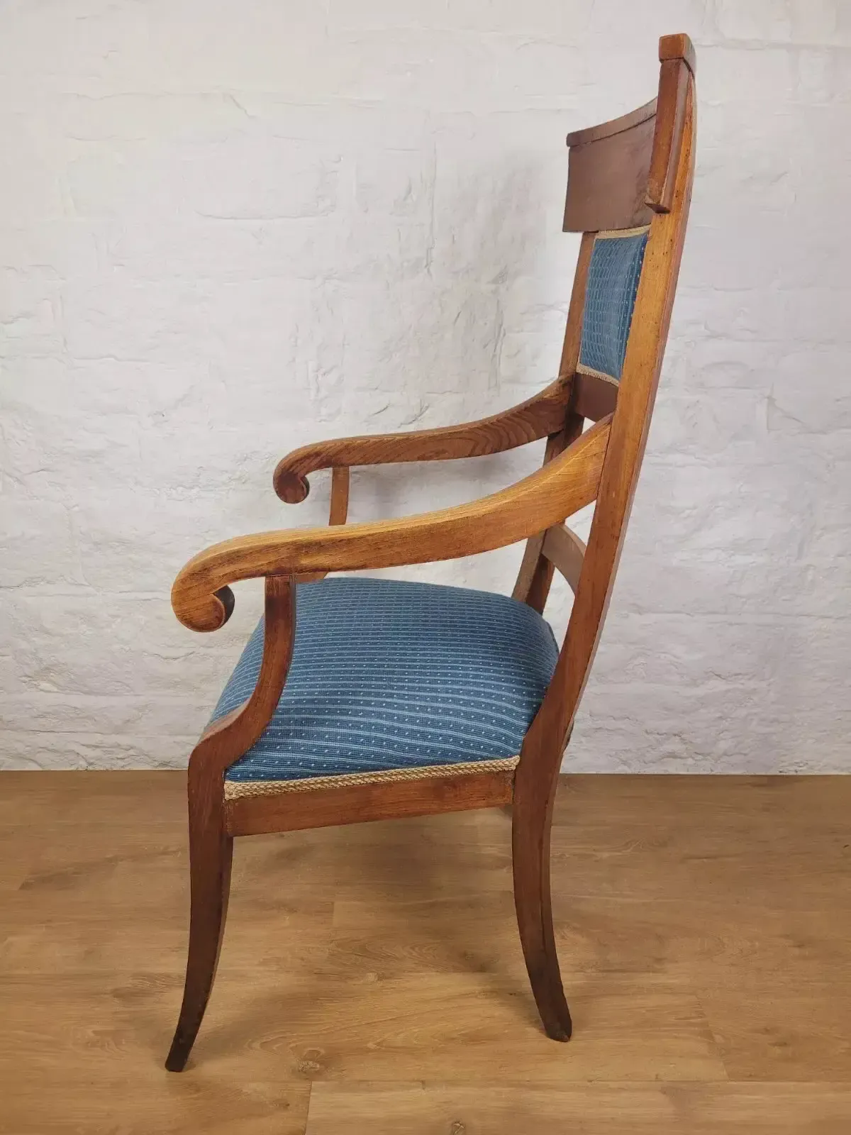 145.0 Vintage Fruitwood Armchair High Back Large Upholstered Blue Postage Available photo