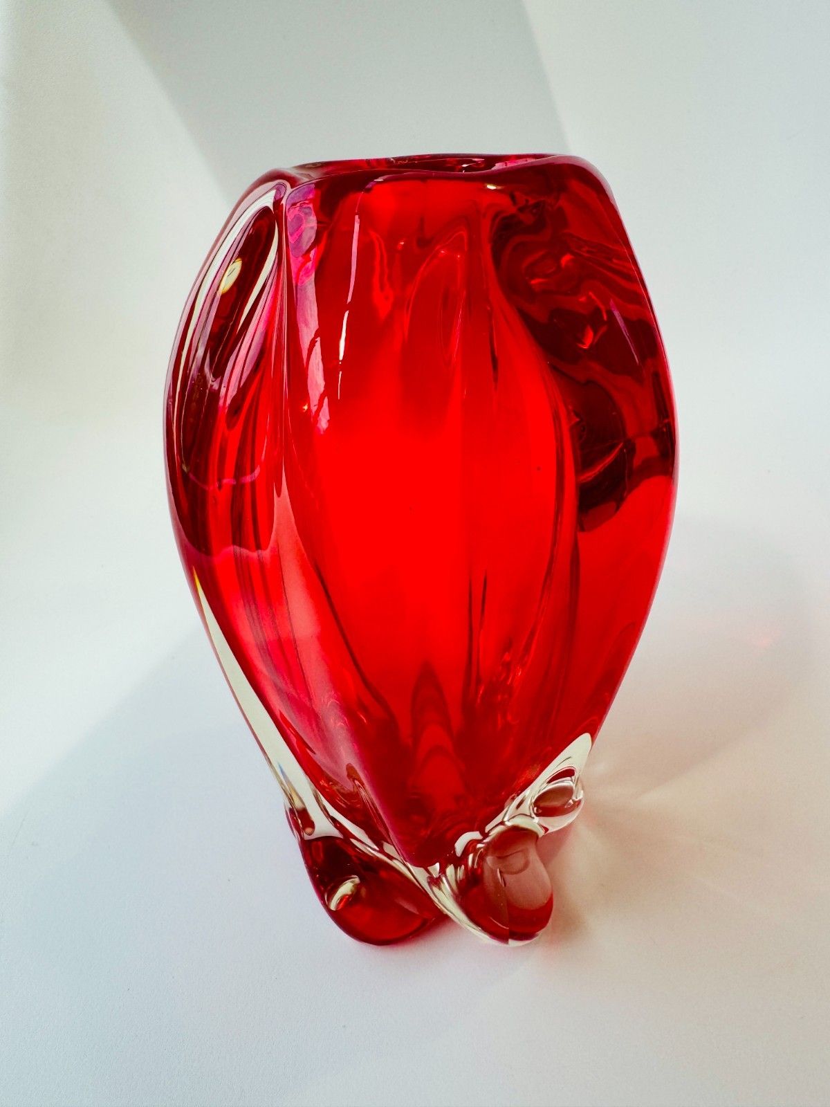 Fabulous Vintage Bright Red Glass Spiral Twist Sommerso Vase 1962 Signed