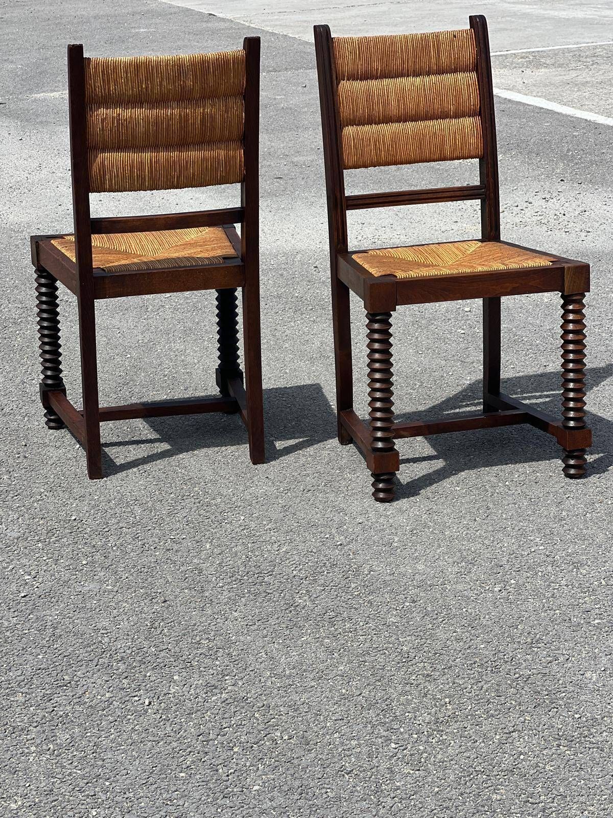 Set Of Benches And 2 Chairs In Solid Oak And Straw, French Work, 1940 photo vintage