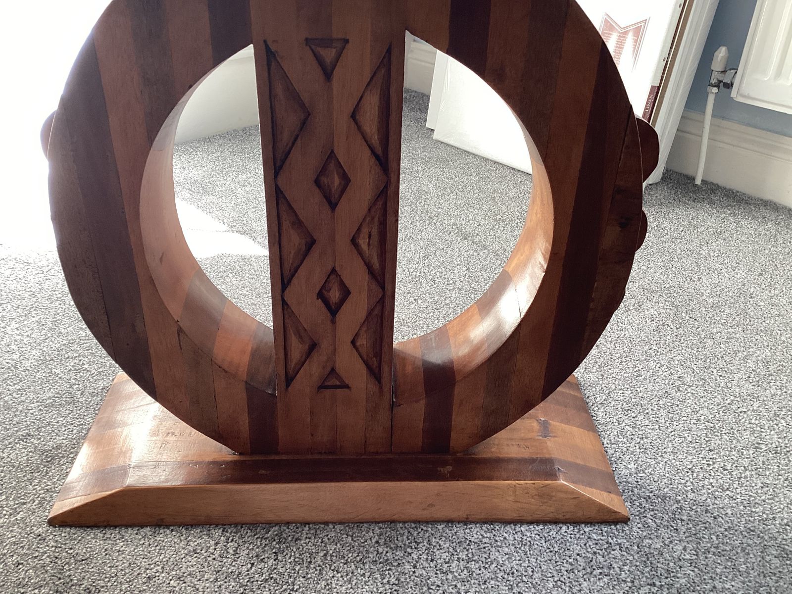 Unique Throne Shaped Stools Made Of Decoratively Cut Utile And Koto ,South African Woods. Curved Seat On Pedestal Base. photo furniture