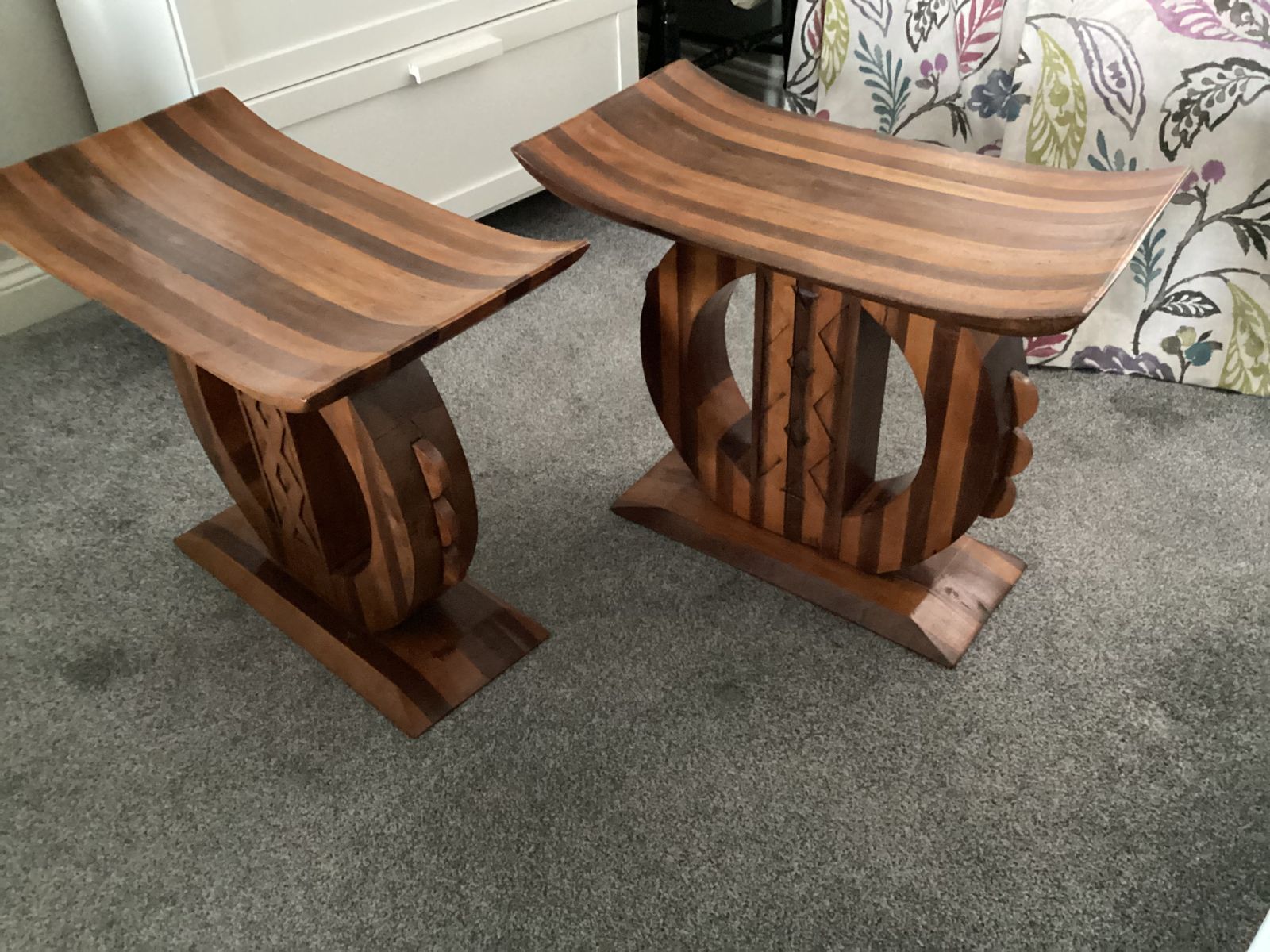 Unique Throne Shaped Stools Made Of Decoratively Cut Utile And Koto ,South African Woods. Curved Seat On Pedestal Base. photo Furniture